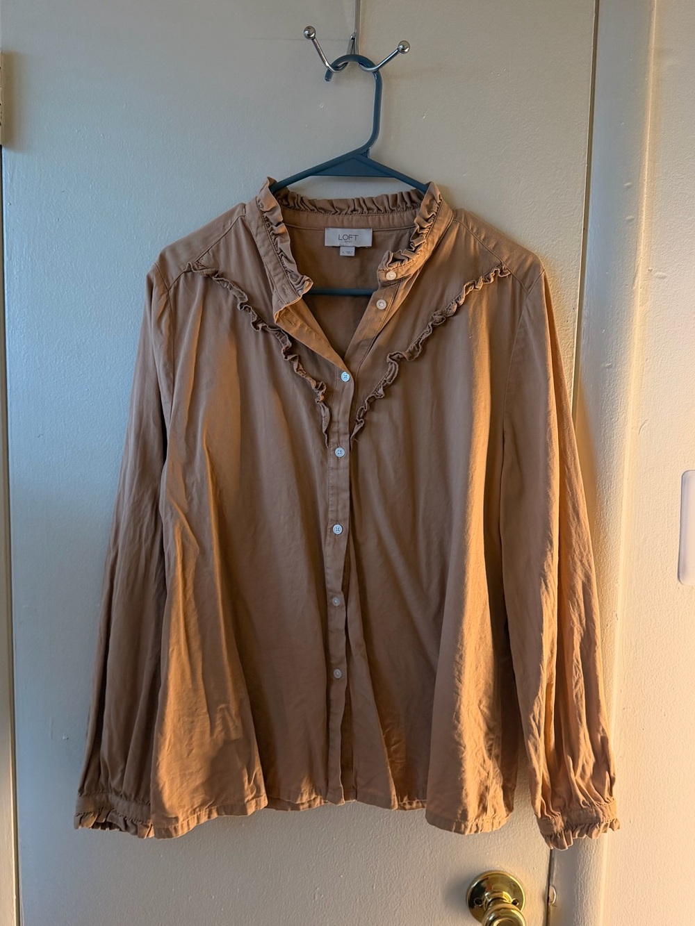 LOFT Camel Brown Ruffle Trim Button Front Blouse Size L